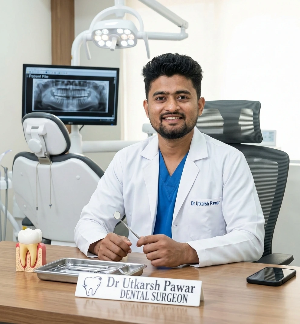 Dr. Utkarsh Pawar (BDS, MPH), leading dentist and implant specialist at Sewa Dental Care, Shahada